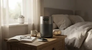 A compact, portable activated carbon air purifier positioned on a bedside table for cleaner air while sleeping.