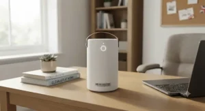A portable, lightweight activated carbon air purifier on a home office desk, suitable for those looking for a device under £100.