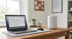 Small desktop true HEPA air purifier under £100 running on a wooden home office desk next to a laptop