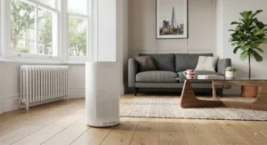 Compact H14 HEPA air purifier for asthma placed on a wooden floor in a contemporary British living room.