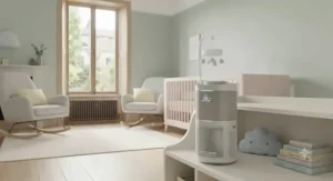 A quiet HEPA and carbon filter air purifier for allergies running in a child's nursery to support asthma relief.