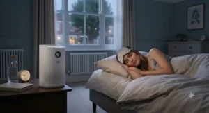 A quiet H13 HEPA air purifier for allergies running in a bedroom for a restful night's sleep.