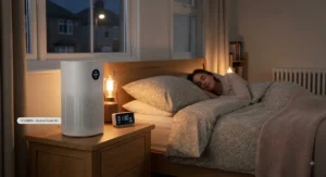 Quiet H14 HEPA air purifier for asthma operating beside a double bed in a UK bedroom overnight.