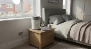 A quiet H14 HEPA air purifier running in a modern British bedroom setup.