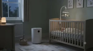 A quiet true HEPA air purifier running on night mode in a child's nursery