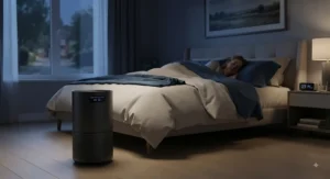 A quiet, medical-grade H14 HEPA air purifier operating in a bedroom during the night to support allergy relief.