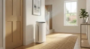 Minimalist true HEPA air purifier for allergies standing discreetly in a brightly lit hallway.