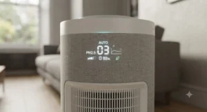 A digital LED display on a HEPA and carbon filter air purifier for allergies showing real-time indoor air quality metrics.