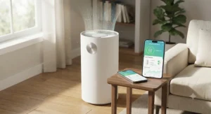 Smartphone displaying home automation settings next to a smart true HEPA air purifier for allergies.