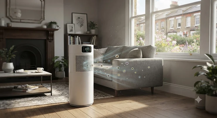 A sleek true HEPA air purifier for allergies placed in a modern British living room to capture dust and pollen.