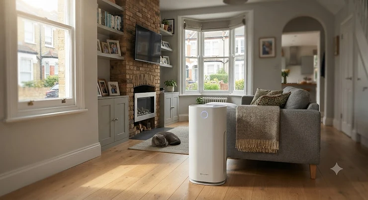 A sleek true HEPA air purifier operating in a modern British living room
