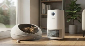 A quiet true HEPA air purifier for allergies positioned near a cat bed to reduce pet dander and hair.