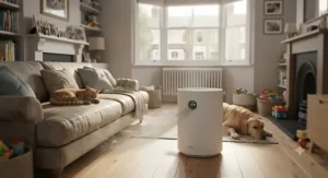 A true HEPA air purifier helping reduce cat and dog allergens in a family home