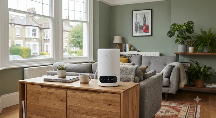 A compact true HEPA air purifier under £100 placed on a modern sideboard in a British living room