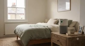 A quiet value H13 HEPA air purifier set up on a bedside table in a London flat bedroom.