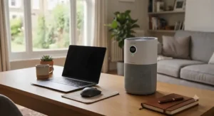 Compact and portable value H13 HEPA air purifier placed neatly on a home office desk.