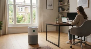 Value H13 HEPA air purifier clearing the air in a contemporary workspace study room.