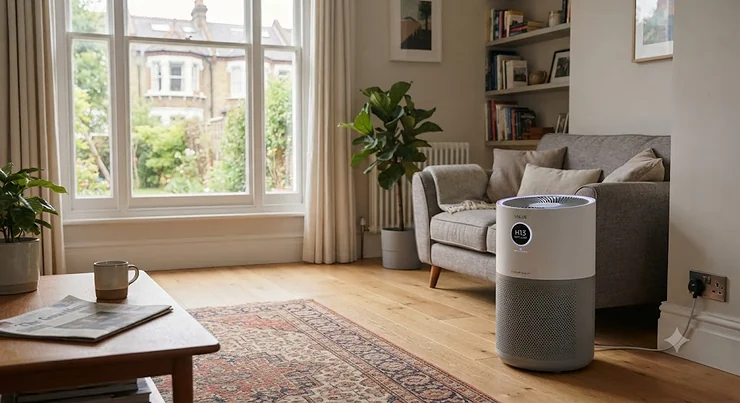 A sleek value H13 HEPA air purifier operating efficiently in a modern British living room.