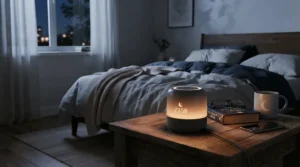 A modern air purifier for allergies and asthma operating quietly on a bedside table in a cosy UK bedroom