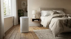 An air purifier for allergies and asthma running on quiet nighttime mode in a Victorian flat bedroom