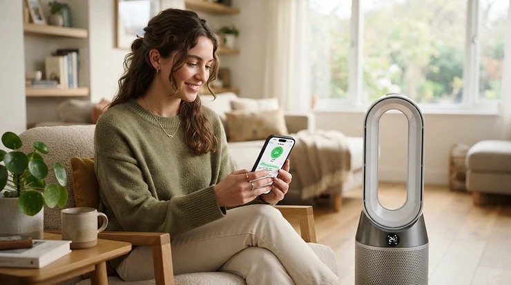 Checking digital air quality metrics on a smartphone next to an air purifier for allergies and asthma