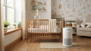 An air purifier for allergies and asthma aiding trigger reduction in a child's colourful nursery in Manchester