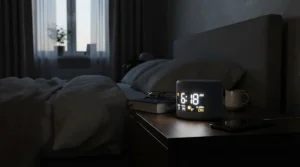 A compact air purifier for allergies placed on a bedside table in a dimly lit bedroom