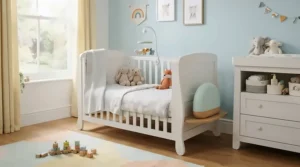 A quiet air purifier for allergies running in a peaceful nursery to protect against airborne triggers