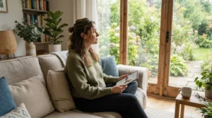 Someone reading air purifier for allergies reviews on a tablet while hay fever season triggers peak outside
