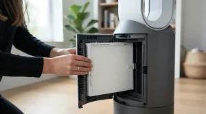 Close-up of HEPA filtration inside an air purifier for allergies during routine maintenance