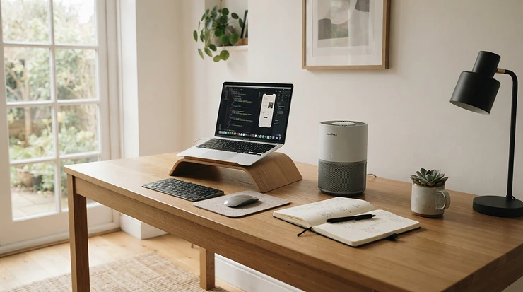 A sleek air purifier for allergies sitting on a desk next to a laptop in a home study