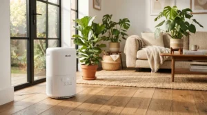 An air purifier for allergies operating quietly in a cosy British living room during spring