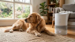 An air purifier for allergies tackling pet hair and airborne allergens next to a sleeping dog