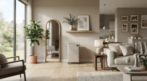 An effective air purifier for allergy sufferers under £150 positioned in a standard UK lounge