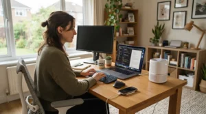 A compact air purifier for allergy sufferers under £150 sitting on a desk next to a laptop