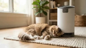 An air purifier for allergy sufferers under £150 placed near a cat bed in a carpeted flat