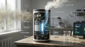 Diagram showing a HEPA carbon air purifier for smokers trapping airborne cigarette smoke particles