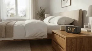 A sleek ioniser air purifier on a bedside table ensuring fresh air while sleeping