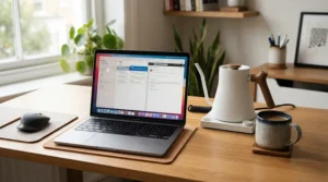 A portable budget ioniser air purifier working quietly on a compact home office desk