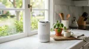 A compact budget ioniser air purifier removing cooking odours on a tiled kitchen counter