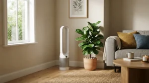 A slimline budget ioniser air purifier operating discreetly in the corner of a contemporary flat living room
