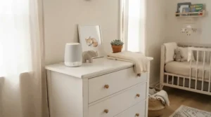 A quiet budget ioniser air purifier running on a chest of drawers in a calm baby nursery