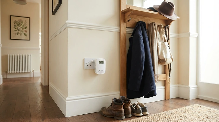 A compact budget ioniser air purifier plugged directly into a wall socket in a narrow British hallway
