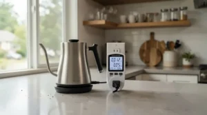 A budget ioniser air purifier placed next to an energy monitor displaying low electricity usage