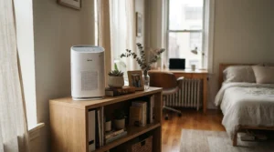 A lightweight budget ioniser air purifier positioned on a shelf in a small student accommodation room