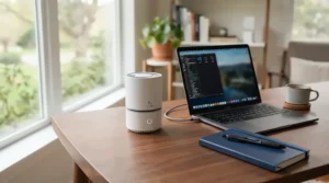 A compact photocatalytic air purifier sitting on a home office desk next to a laptop