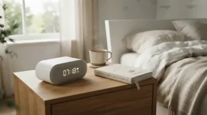 Close-up of a quiet UV-C air purifier for bedroom operating overnight on a minimalist nightstand