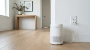 An energy-efficient ioniser air purifier plugged into a wall socket
