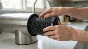 Close-up of changing the active carbon filter in a HEPA carbon air purifier for smokers