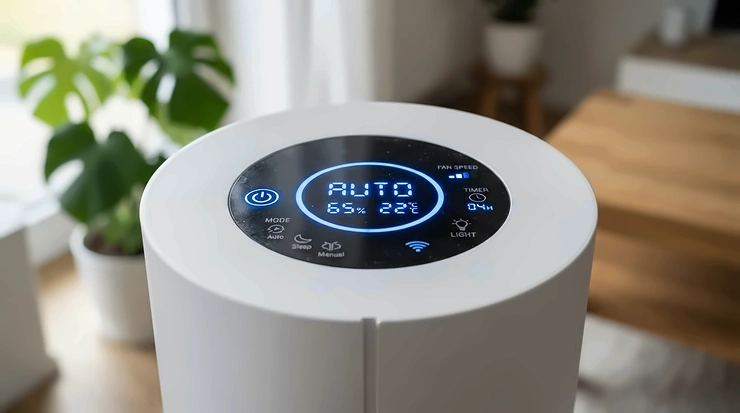 Digital control panel of a HEPA carbon air purifier for smokers showing indoor air quality levels